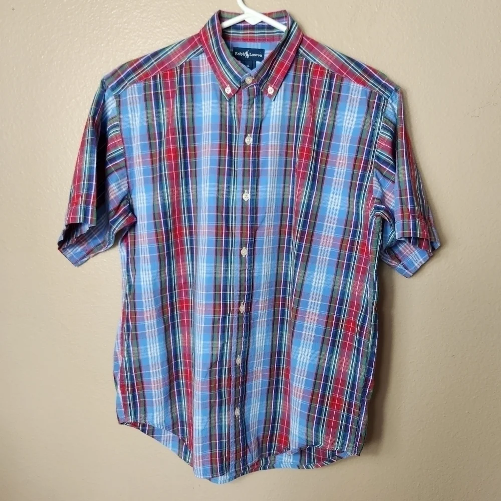 Ralph Lauren Boys Plaid Short Sleeve Cotton Buttonfront Shirt-Size XL